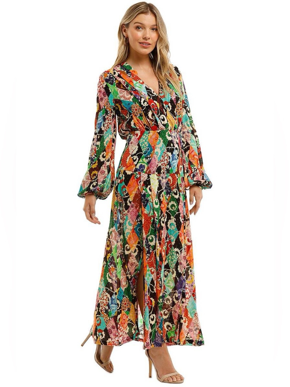 Rixo Autumn Patchwork Dress Maxi Long Sleeve Medium